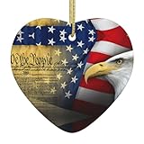 Pendentif en forme de cœur en céramique avec motif aigle américain - Décoration de sapin de Noël avec corde dorée
