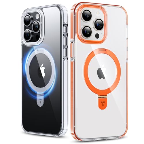 TORRAS Magnetic Shockproof for iPhone 15 Pro Case, [Exceed 3X Mil-Grade Drop Protection] Built-in Foldable Stand Slim Yet Protective Phone Cover, Orange