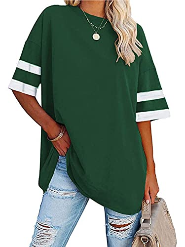 Voopptaw Women's Striped Tee Tops Soft Cotton Round Neck Half Sleeve Baseball T Shirt Color Block Tunic Tops Green XL