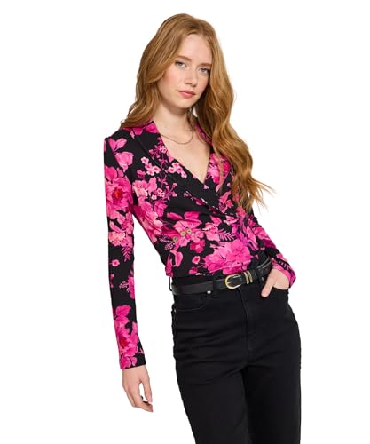 Joe Browns Women's Autumnal Floral Shawl Collar Wrap Front Jersey Top Blouse, Pink, 16