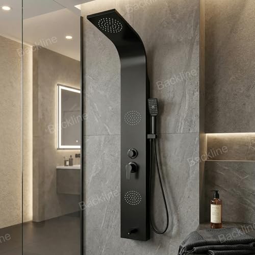 Image of Backline Shower Panels For Bathroom SS 304 Grade | Black Mixer Showers Hot & Cold Water Adjustable Over Head Shower | Hand Shower | Body Mist Spray | Water Spout (Black Matt)