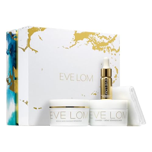 EVE LOM Radiance Ritual Set | Incluye bálsamo limpiador original de 100 ml, máscara de rescate de 100 ml, suero de retinol reparador Radiance de 9.5 ml, medio paño de muselina   Juego de 4 piezas