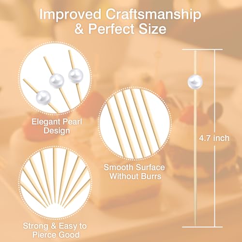 200 Cocktail Picks, White Pearl Fancy Toothpicks for Appetizers Drinks Fruit Food, 4.7 IN Long Bamboo Skewers Wood Cocktail Sticks for Wedding Bridal Shower Party Decor Charcuterie Boards Accessories