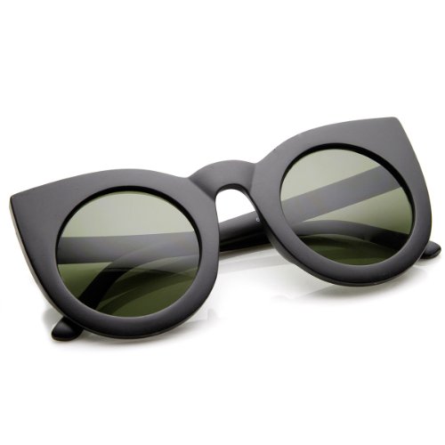 Zerouv - 70S Womens Large Oversized Retro Vintage Cat Eye Sunglasses For Women With Round Lens 48Mm (Matte Black/Gree) #TOP3