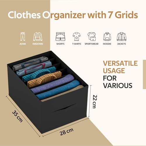 Image of Kuber Industries Non Woven Medium Foldable Clothes Organiser with 7 Grid | Dress Storage Box For Jeans & Shirt | Wardrobe Storage Organizer | Bedroom Almirah Organizer Items | Black