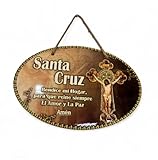Santa Jesus Cruz Religious Wall Plaque with Spanish Blessing, Crucifix Design, Rope Hanger, 12 Inch Oval Home Decor