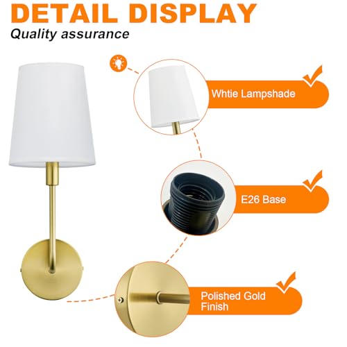 Image of PASSICA Decor Hardwired Wall Sconces Set of 2, Gold Wall Lighting Fixture with Flared White Fabric Shade, Vintage Lamps for Living Room Bedroom Bathroom Hallway