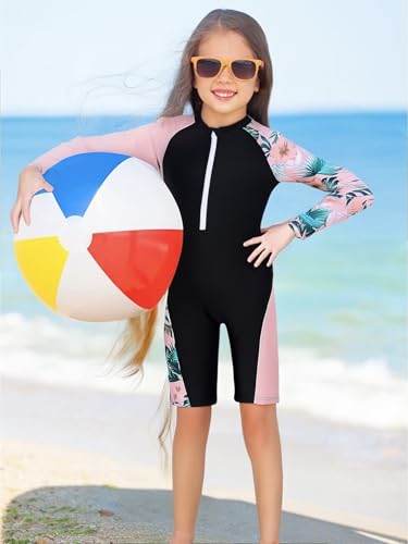 Image of Girls One Piece Rash Guard Swimsuit Long Sleeve Swimsuits with Zipper Patchwork Beach Bathing Suit for Kids 4-13 Years