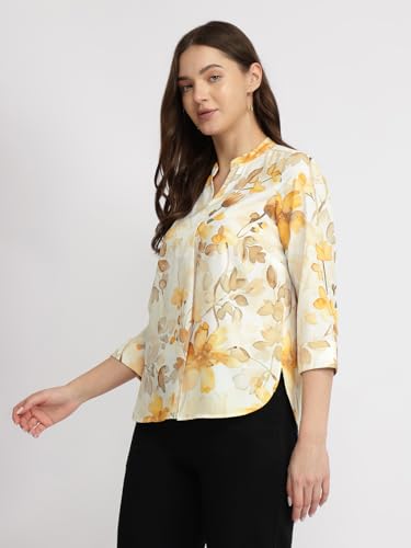 Image of FableStreet Women Shirt Work & Casual | Relaxed Fit Mandarin V-Neck Three-Quarter Sleeves Solid Pattern | Breathable Woven Fabric for Office & Everyday Wear