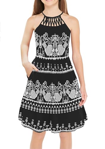 Arshiner Tween Girls Halter Neck Dress Boho Black A-line Swing Summer Sundress with Pockets 11-12 Years