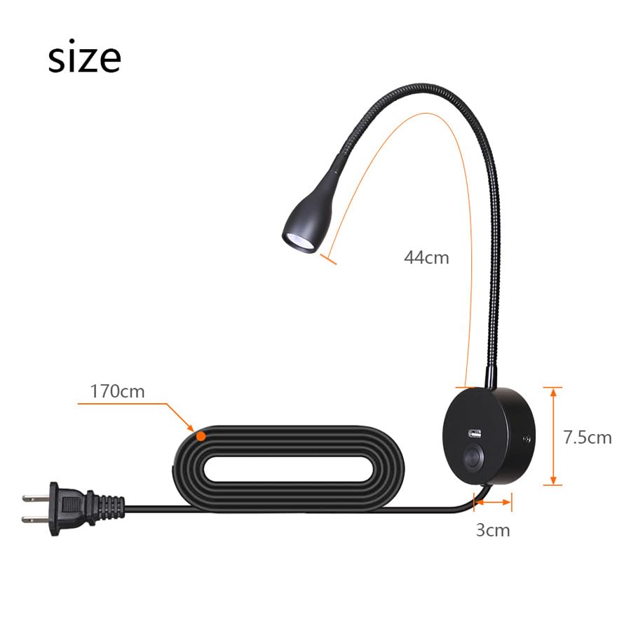 Image of LED Reading Lamp 3W Warm White 3000K Touch Dimming Switch USB A Charger for Reading Books Black Plug Cord 1 Pieces (US028-BK)