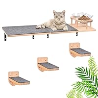 Wandhängematte für Katzen mit 2 Futternäpfen und 3 Stufen, 2 mit Filz bezogenen Sitzstangen, Kletterregal aus Holz
