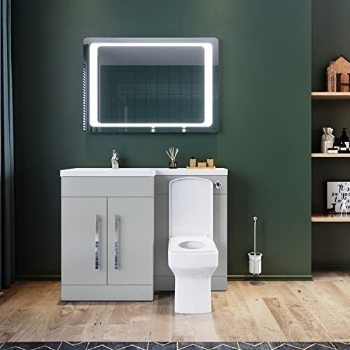 ELEGANT 1100mm Modern Grey L Shape Bathroom Vanity Sink Unit Furniture Storage,Left Hand Matte Vanity unit + Basin + Ceramic Square Toilet with Concealed Cistern