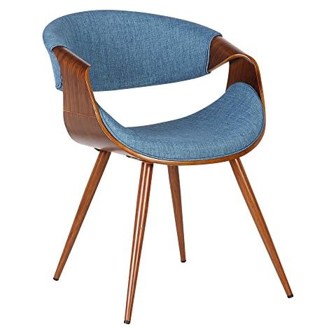 Armen Living Butterfly Mid Century Modern Dining Chair For Kitchen Office Desk Vanity in Blue Fabric Upholstery and Walnut Wood Finish Cover
