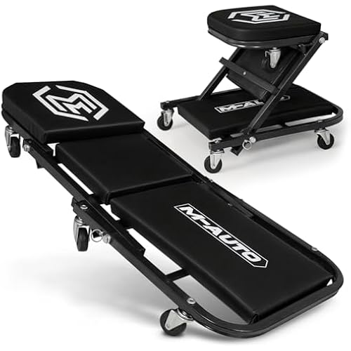 M-AUTO 40-Inch Folding Creeper Rolling Seat, All-in-One Adjustable Roller Garage Chair, Lay Down or Sit, 330LBS Capacity Under Car Roller Creeper with 6 Swivel Casters, Black