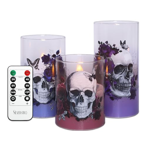 Image of Gothic Skull Flameless Candles Set with Remote Control Timer Function, 3-Piece Horror Theme Halloween Decorative Candles for Home Party Haunted House Horror Theme Halloween Decorations