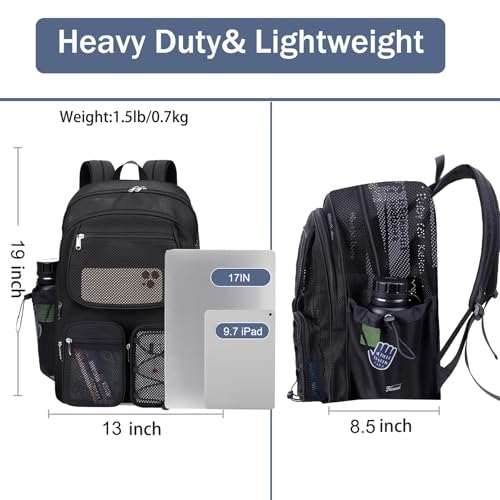 enttgo Heavy Duty Mesh Backpack for School Mesh Bookbag See Through for Beach, Travel(Black-L)