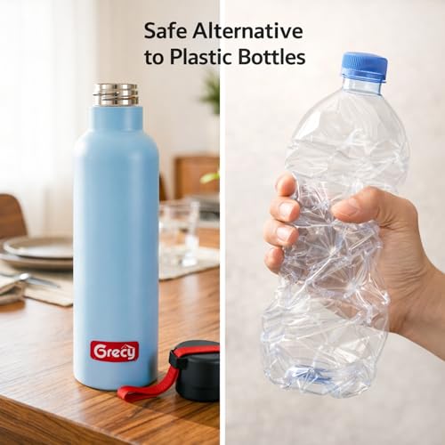 Image of GRECY Trim 800ml Stainless Steel Water Bottle Sky Blue | Single Wall BPA Free Food Grade Steel | Leak Proof, Rust Proof, Odour Free | Lightweight Carry Band | Made in India | Office, Gym, School