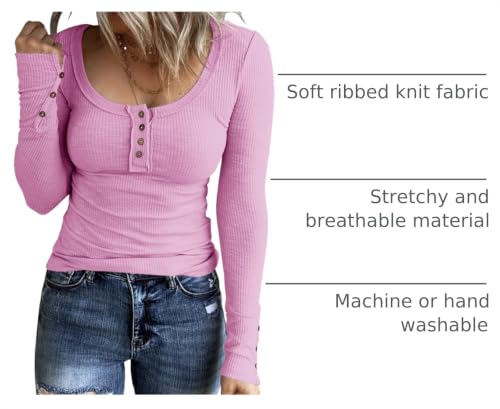 Image of KINLONSAIR Women Long Sleeve Henley Shirts Scoop Neck T-shirt Basic Tops | Lightweight Soft Ribbed Knit Tees, Casual Tunics,Slim Fit Button Up Top,Spring Outfits, Fall Winter Layering,Daily Wear