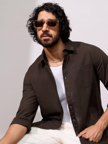 Image of The Souled Store Cotton Linen: Men and Boys Long Sleeve Spread Collar Solid Cotton Relaxed Fit Easy to Style Everyday Office Wear Cotton Linen Shirts