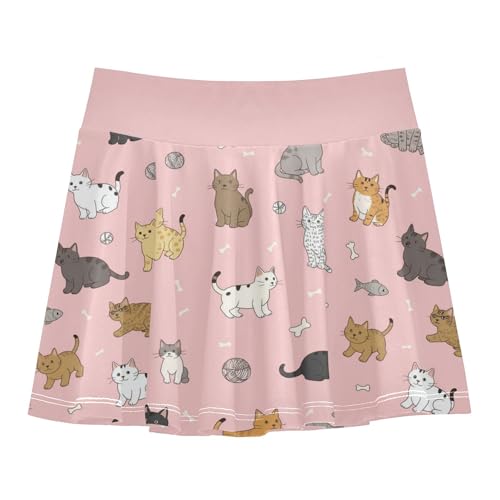linqin Cartooon Cats Girls Tennis Skirts with Shorts Flowy Golf Skirts for Little Girls Kids Pleated Skort with Pockets