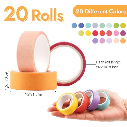 20 Rollen Washi Tape Set, Regenbogenfarben Masking Tape, Dekorative Washi Tape Kinder, Beschreibbar Klebeband Bunt für Planer Scrapbook, Bullet Journals, DIY Handwerk, Verpackung (5m x 15mm/Rollen)