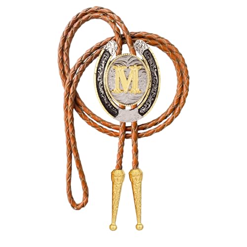 Image of Bolo tie for Men Western Cowboy Brown Leather Necktie Gold Initial Letter ABCDJMR to Z Bolo ties for Women