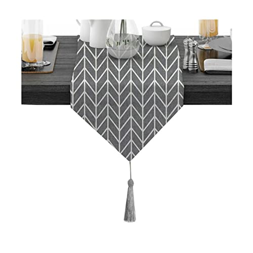 Chemin de table en coton gris vintage à flèches et pompons de style bohème pour table longue de salon
