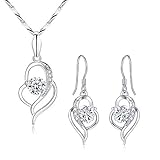 Silver Jewellery Set for Women, 925 Sterling Silver Heart Dangle Drop Earrings & 45cm Necklace Pendant Set, with White Cubic Zirconia, Jewellery for Mother Wife Girlfriend for Bridal Bridesmaid