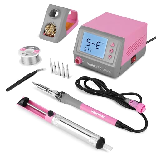 WORKPRO Soldering Station, 60W Soldering Iron Kit Digital Display, 5 Extra Iron Tips, Precision Temperature Control Solder Station for Electronic Repair, DIY Enthusiasts - Pink Ribbon
