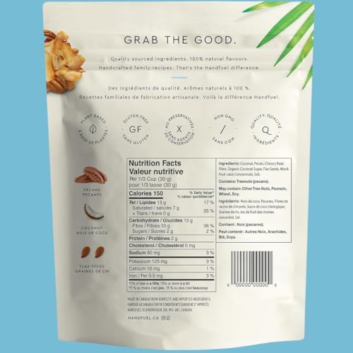 Handfuel Coconut Pecan Clusters, Hand Roasted Candied Pecans, 2g of Protein, Keto Friendly Snack, Proudly Canadian Made Plant Based Praline Pecans, Gluten Free - 120 Grams