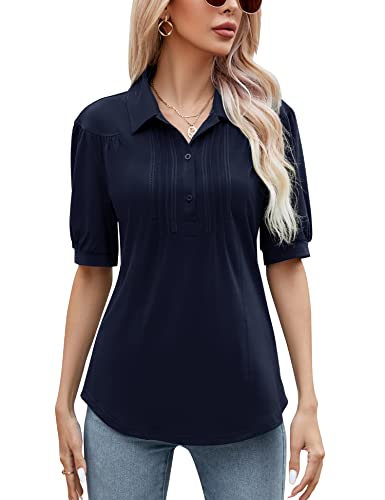 Summer Collared Tops For Women Work Short Sleeve V Neck Cotton Tunic Blouse Loose Polo Shirt Navy Blue Xl #TOP9
