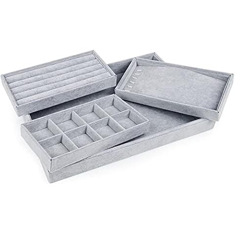 Oirlv 4 in 1 Velvet Stackable Jewellery Drawer Organiser Tray Showcase Jewelry Display Storage Case Jewellery Insert Box Storage Holder for Necklace,Bracelet, Pendant, Earring, Ring Grey Cover