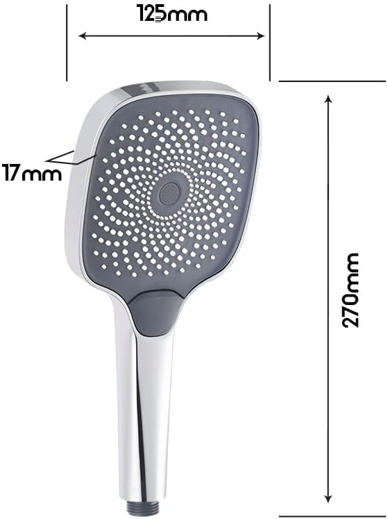 Technical drawing showing the dimensions of the Decaura square handheld shower head, including 125mm width, 270mm length, and 17mm thickness.