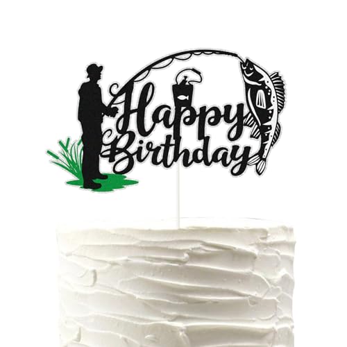 Glitter Gone Fishing Happy Birthday Cake Topper,Little Fisherman Seaweed Fish Hook Cake Decoration,Man Fishery Pole Fisher Party Supplies for Kids Boys Man.