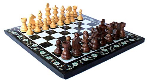 StonKraft - 12" x 12" Collectible Black Marble Pietra Dura Chess Board Game Set + Wood Crafted Pieces