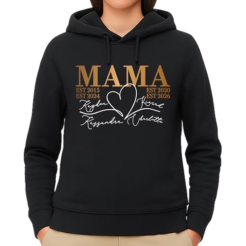 Mama Kapuzenpullover personalisiert mit Kindernamen und Herz, Damen Pullover Pulli Hoodie Baumwolle Namen Jahren von der Kinder für Mutter Geschenk zum Geburtstag Muttertag Weihnachten Winter Herbst