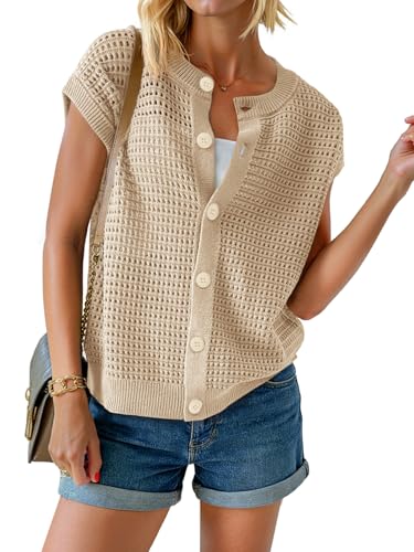 Saodimallsu Womens Short Cap Sleeve Sweater Vest Crochet Button Down Cardigans Crew Neck Summer Knit Tops Apricot