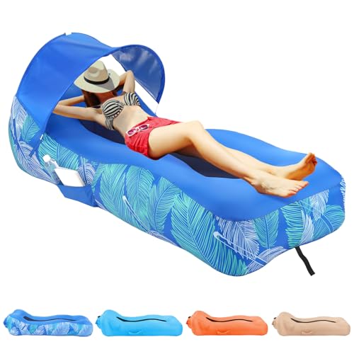 surpborder Inflatable Lounger Air Sofa with Sunshade Tent, Inflatable Beach Bed with Pillow, Waterproof Inflatable Couch Camping Chair Hammock for Hiking Backyard Lakeside Travel Beach Park Picnics