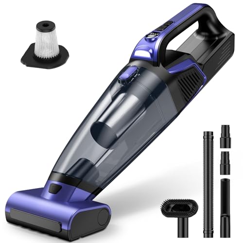 Pet Hair Handheld Vacuum Cordless: 20000PA High Power Car Vacuum with Motorized Brush and LED Light, Rechargeable Hand Held Vacuum Cleaner with Reusable Filter for Car, Home, Office & Pet, Purple