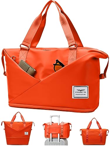 Image of FIORETTO Women's Expandable Travel Duffle with Laptop Compartment, Water Resistant Gym Weekend Overnight Bag with Shoes Compartment & Wet Pocket Orange Expandable