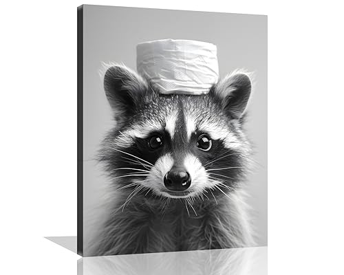 OWNANRTHM Raccoon Bathroom Wall Art Raccoon Toilet Paper Painting Funny Animal Bathroom Canvas Wall Art Black and White Animal Toilet Pictures for Bath Restroom Wall Decor Framed 16X20 inch by OWNANRTHM - Used condition - US$21.47