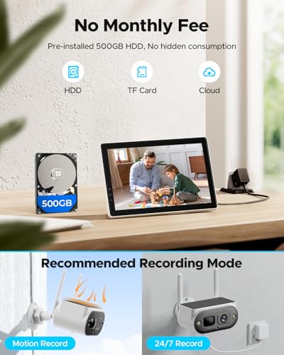 CAMCAMP Solar Security Camera System Wireless Outdoor with 10\" IPS Monitor & 500GB HDD, 4MP Solar Cameras for Home Security, Continuous Power, 10CH Expandable, Local Storage, 2.4/5GHz WiFi