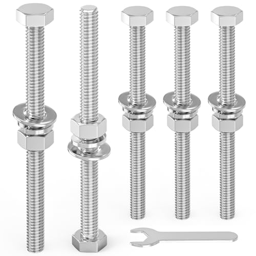Image of 5PCS 1 /2-13 x 6 304 Stainless Steel External Hex Bolt, Fully Threaded Bolt with Nut Flat & Lock Washers and Spanner