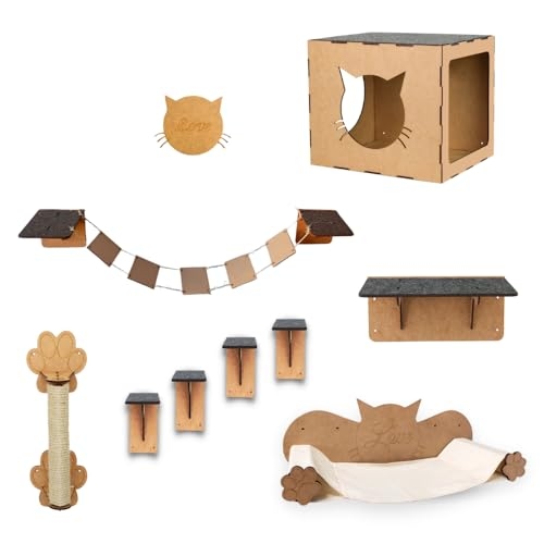 BOXFAN Kit playground para gatos 9 peças, inclui nicho, arranhador, degraus, rede, pratele...