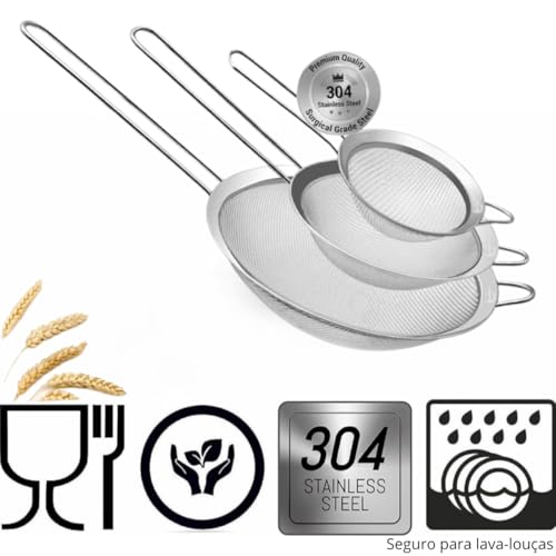 Kit Peneira Cozinha Inox Peneiras de Cozinha Inox Peneira Inox Grande Pequena e Média - Conjunto 3 P