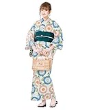 [SOUBIEN] ソウビエン 浴衣 2点 セット (浴衣/半幅帯) レディース 花 団扇 金魚 フリーサイズ レトロ菊・マルチ×深緑