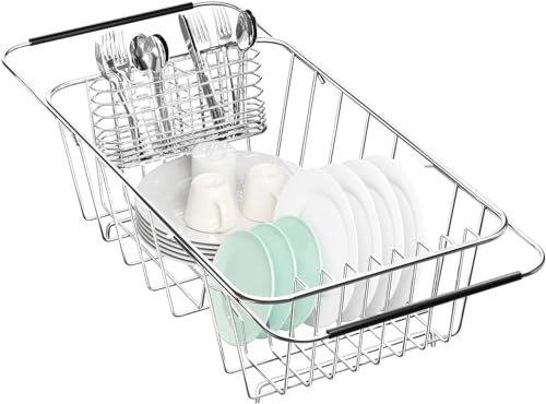 Fanbsy Small Dish Drainer Rack in Sink Adjustable, Expandable 304 Stainless Steel Metal Dish Drying Rack Organizer with Stainless Steel Utensil Holder Over Inside Sink Counter, Rustproof