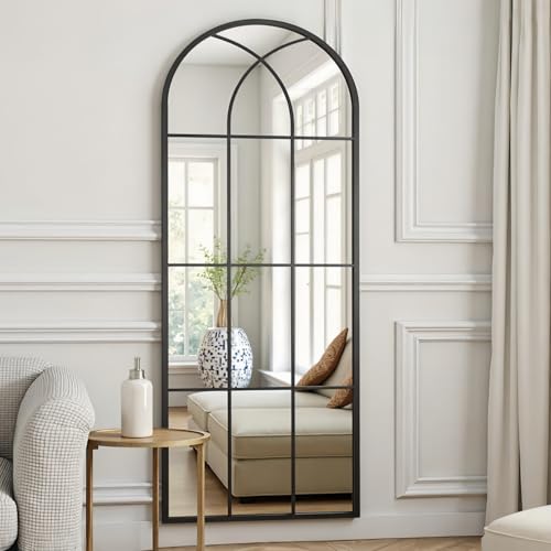 Image of Dewfig Arched Full Length Mirror, 71 inchx 32 inch Windowpane Floor Mirror, Black