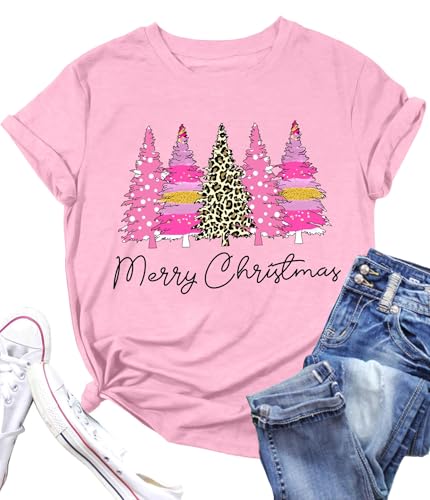 Christmas Tree Shirt for Women Merry Christmas Printed T-Shirts Short Sleeve Holiday Tee Xmas Gift Tops, E-pink, XXL